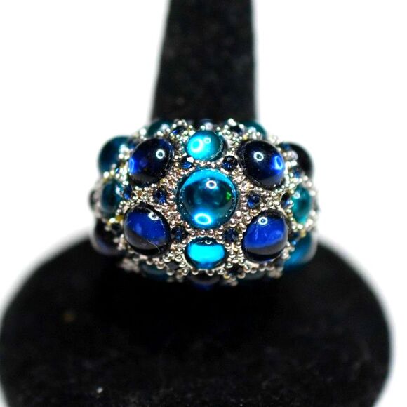 Blue Bubble Stone Rhinestone Accent Silver Tone Stretch Band OSFA Ring - Picture 1 of 3